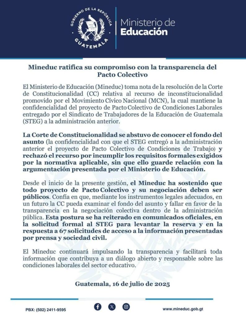 Esto respondió el Mineduc al fallo de la CC sobre la transparencia del pacto colectivo con el STEG