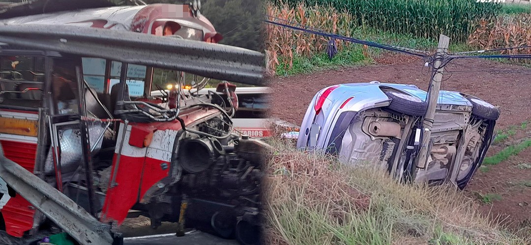 Bus destruido y vehículo volcado tras fuerte accidente en la ruta Interamericana