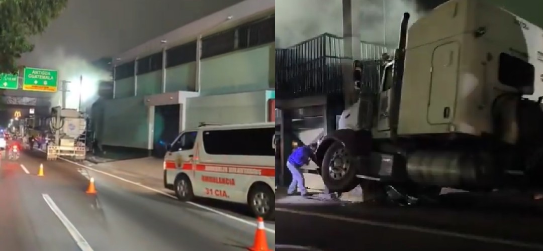 Camión cisterna queda empotrado en pasarela en San Lucas Sacatepéquez
