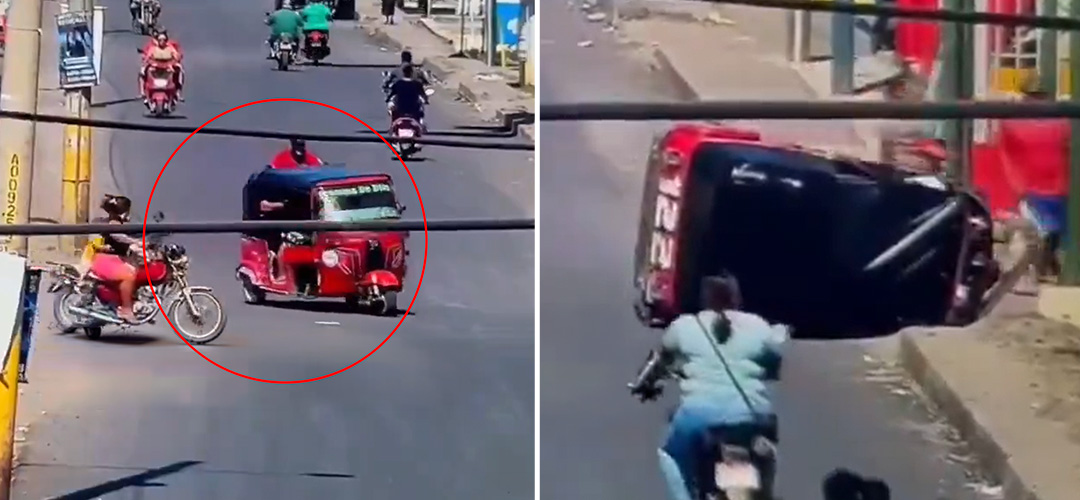 Mototaxista vuelca al evitar colisión en Escuintla (VIDEO)