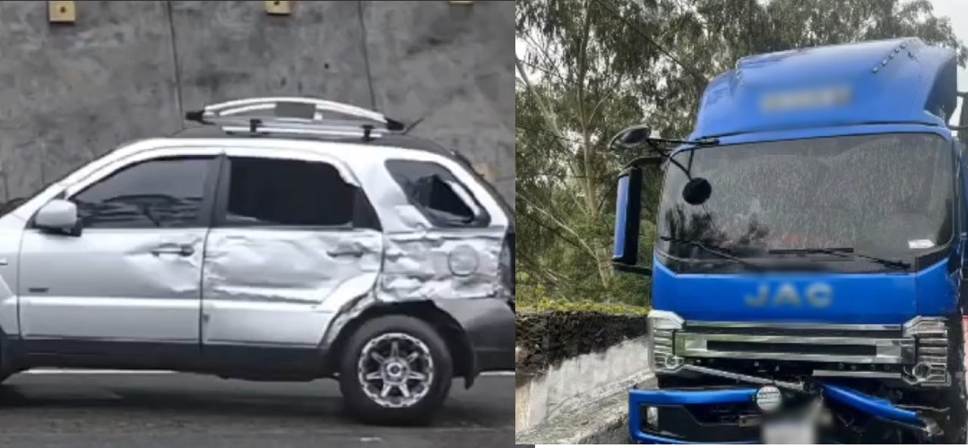 Precaución: camión y vehículo se accidentan en la bajada de Villalobos